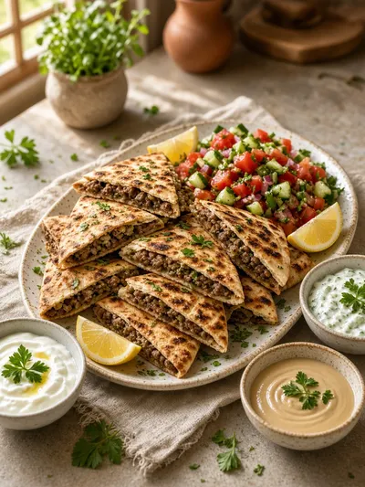 Arayes arranged on a platter with yogurt, tahini, cucumber dip, chopped salad, and lemon wedges