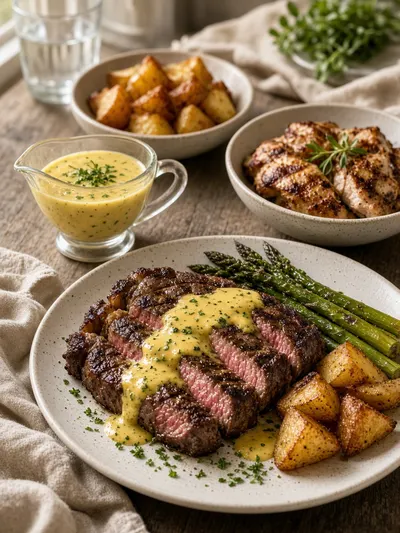 bearnaise sauce served with grilled steak, roasted asparagus, browned potatoes, and extra sauce in a small pitcher