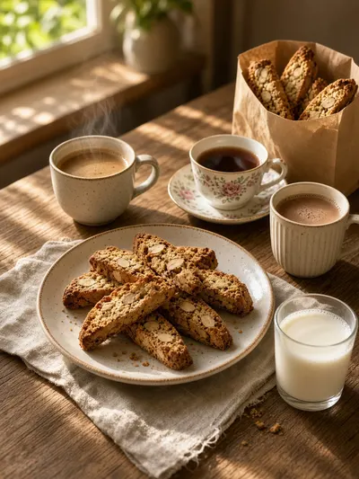 Biscotti served on a dessert plate with coffee, tea, cocoa, milk, and a small gift bag on a welcoming kitchen table