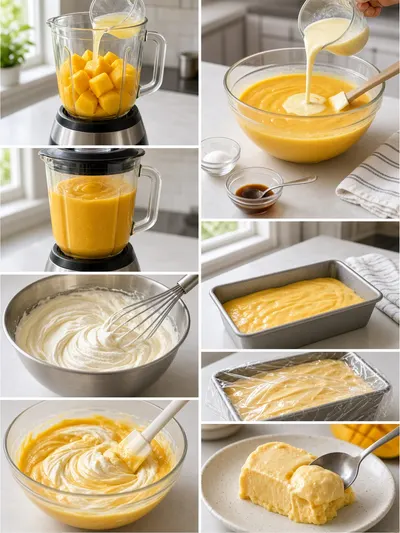 Step-by-step mango ice cream preparation in a four-part kitchen collage