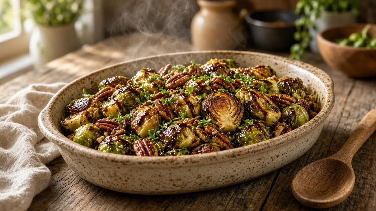 Brussel sprout recipes featuring maple balsamic roasted Brussels sprouts in a rustic baking dish