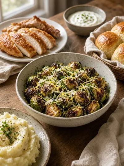 brussel sprout recipes served with roast chicken, mashed potatoes, rolls, and Parmesan Brussels sprouts