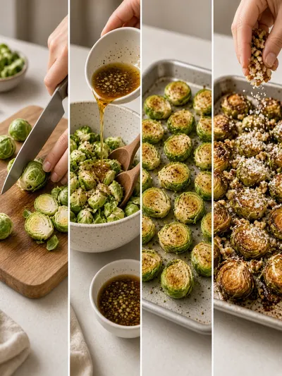 Step-by-step brussel sprout recipes showing trimming, dressing, tray arrangement, roasting, and walnut Parmesan finishing.