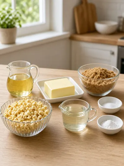 Ingredients arranged on a kitchen table for caramel popcorn, including kernels, butter, brown sugar, corn syrup, oil, salt, and baking soda.