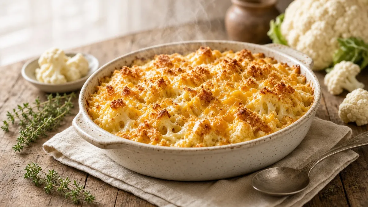 Cauliflower recipes feature a golden cheesy cauliflower casserole in a rustic baking dish.