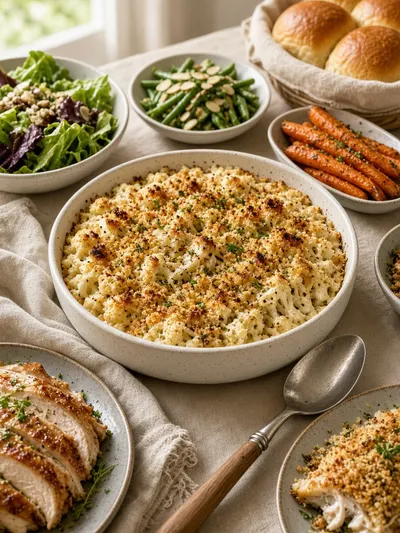 Cauliflower recipes dish presented with roast chicken, salad, green beans, vegetables, and dinner rolls