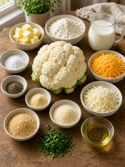 Fresh cauliflower florets surrounded by cheese, milk, seasonings, breadcrumbs, butter, oil, and parsley for cauliflower recipes.