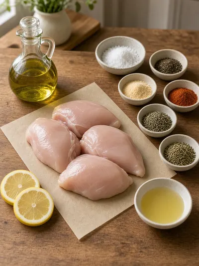 Ingredients arranged on a kitchen table for chicken breast in oven