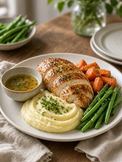 Chicken breast in oven served with potato purée, green beans, and roasted carrots
