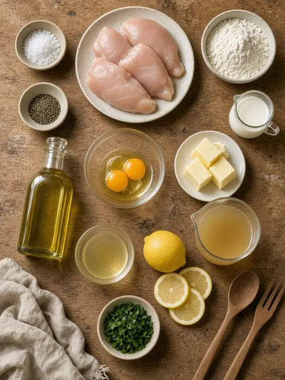Ingredients for chicken francese arranged on a kitchen table with chicken portions, flour, eggs, butter, lemons, broth, oil, and parsley