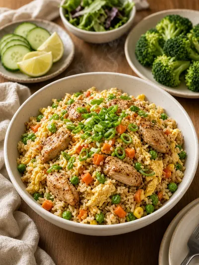 chicken fried rice recipe served with cucumber, citrus wedges, salad, and steamed broccoli
