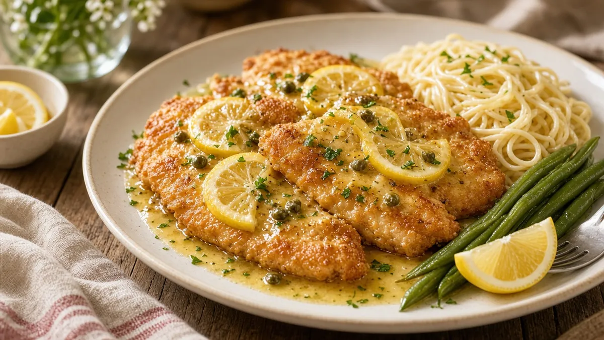 Golden chicken francese cutlets with lemon butter sauce, parsley, lemon slices, pasta, and green beans on a cozy dining table