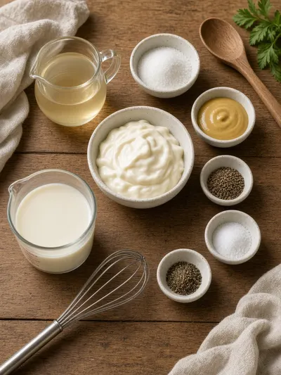 Ingredients arranged for a coleslaw dressing recipe on a softly lit kitchen table