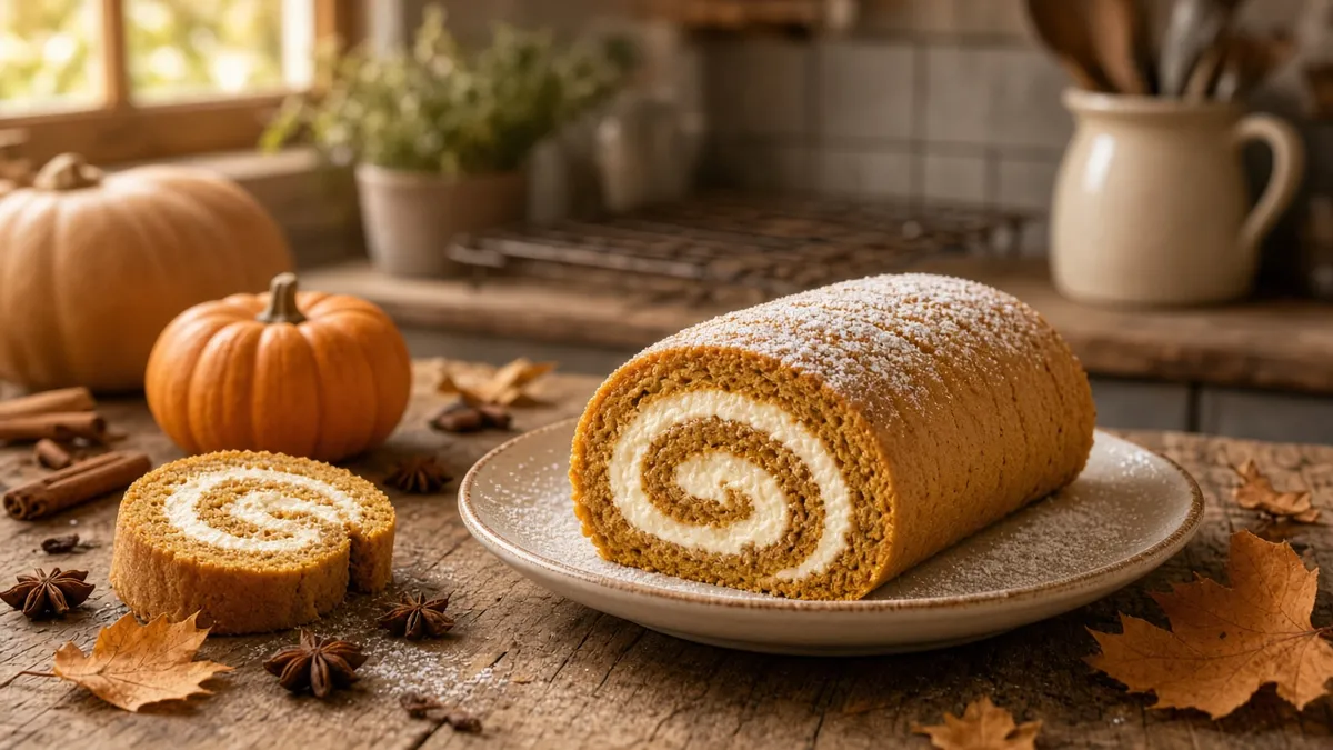 Pumpkin roll with cream cheese filling and powdered sugar on a rustic kitchen counter