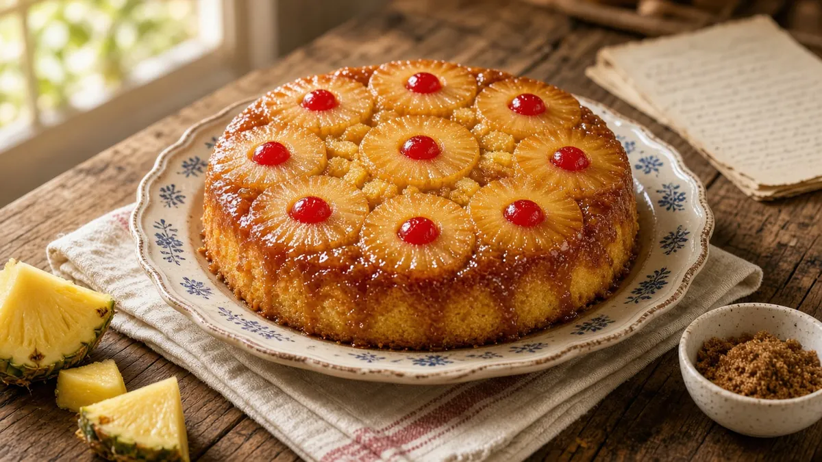 Classic upside down pineapple cake with golden pineapple rings, cherries, and brown sugar glaze on a vintage serving plate