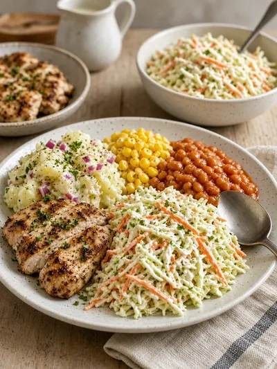 Coleslaw dressing recipe served with crunchy vegetable slaw, grilled chicken, corn, and picnic-style sides