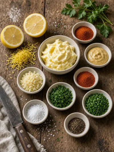 Ingredients arranged for cowboy butter on a rustic kitchen table with butter, garlic, lemon, mustard, herbs, and seasonings.