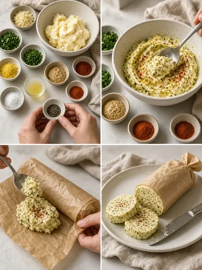 Four-panel visual guide for making cowboy butter from softened ingredients to a chilled parchment-wrapped log.