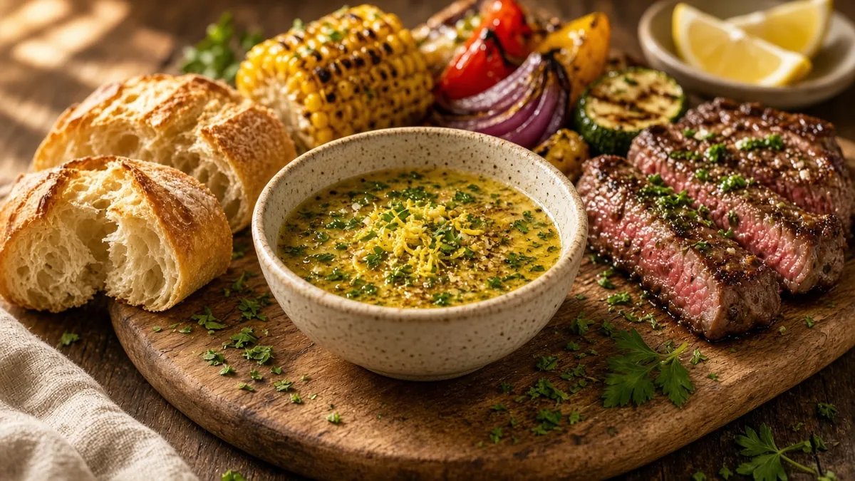 Homemade cowboy butter with garlic, lemon, herbs, bread, grilled vegetables, and steak