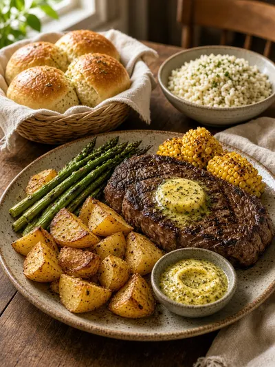 cowboy butter melting over grilled steak with roasted vegetables and fresh rolls