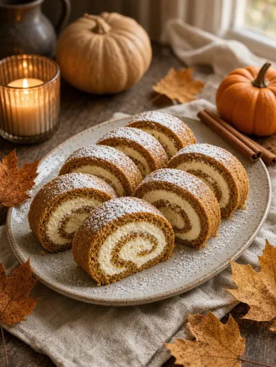 Sliced pumpkin roll arranged on a dessert platter for a cozy autumn family gathering