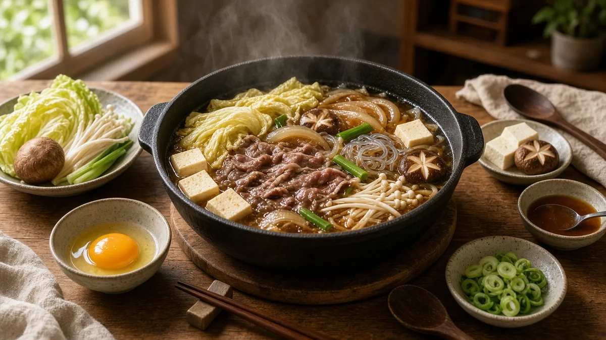 Sukiyaki with beef, tofu, mushrooms, onions, cabbage, and noodles in a tabletop pot