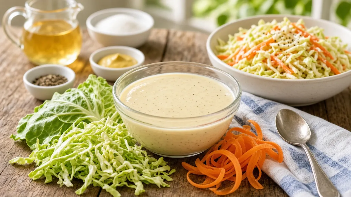 Creamy coleslaw dressing recipe in a glass bowl with cabbage and carrots on a rustic table