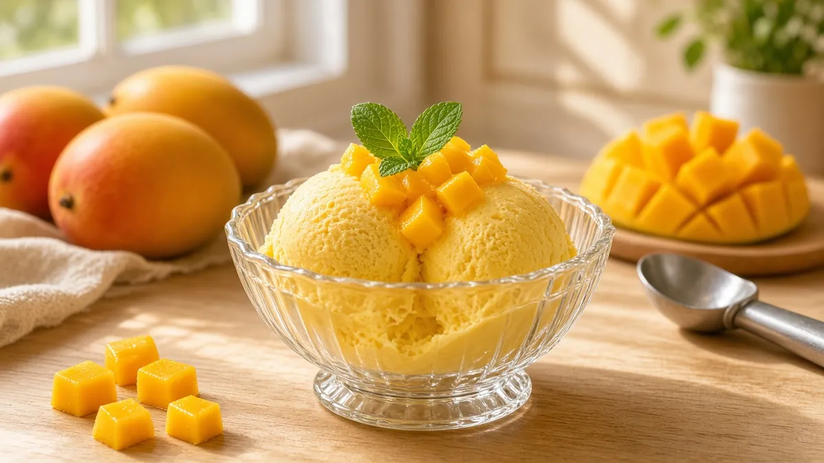 Homemade mango ice cream in a glass bowl with ripe mango pieces and mint