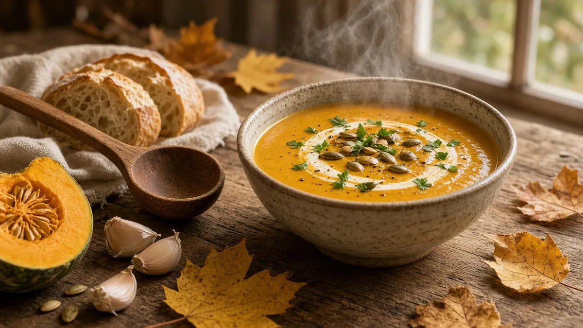 Creamy pumpkin soup in a rustic bowl with pumpkin seeds, parsley, bread, and autumn leaves