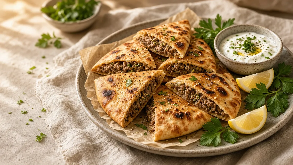 Golden crispy arayes stuffed with seasoned beef and served with yogurt sauce