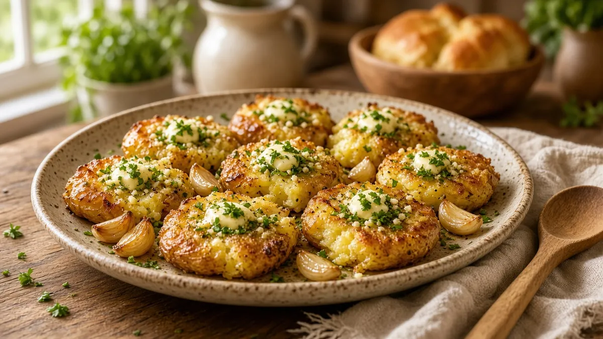 Golden smashed potatoes with crisp edges, butter, garlic, and fresh herbs on a rustic serving platter