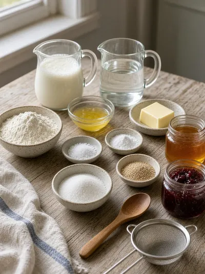 Crumpet ingredients arranged in bowls and glass jugs on a kitchen table