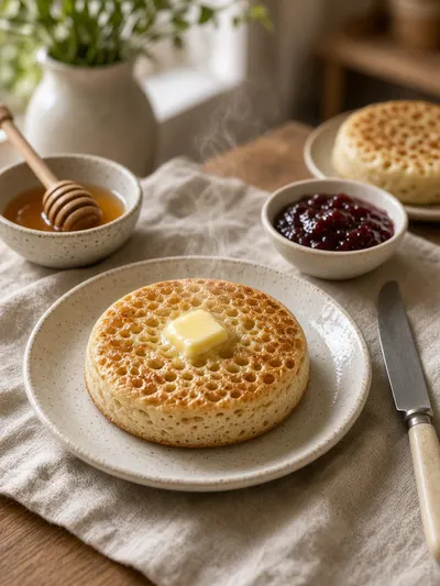 Crumpet with melted butter, honey, and berry preserve arranged on a ceramic plate at a welcoming kitchen table.