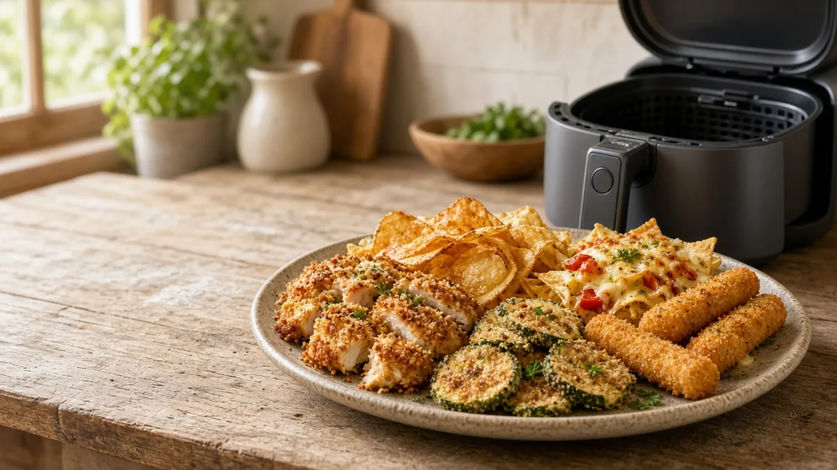 Easy air fryer recipes with crispy chicken, chips, mozzarella sticks, and nachos
