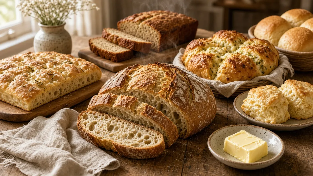Easy bread recipes with homemade loaf, focaccia, banana bread, and garlic bread