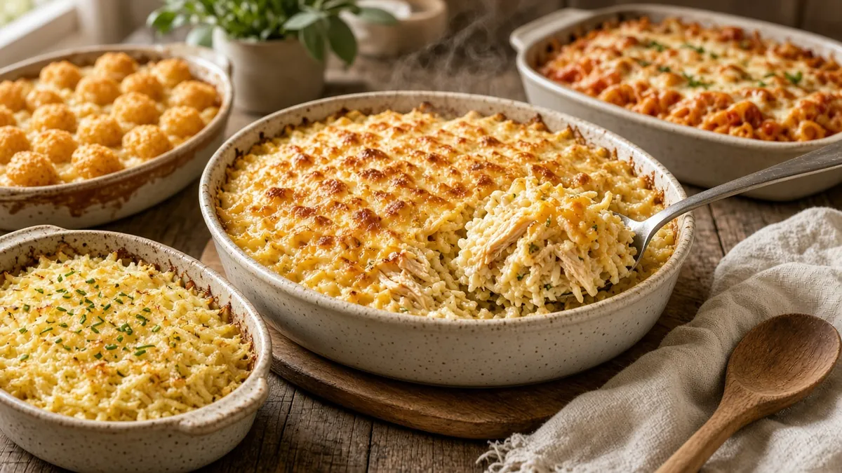 Easy casserole recipes with creamy chicken bake, potato casserole, and golden cheese topping