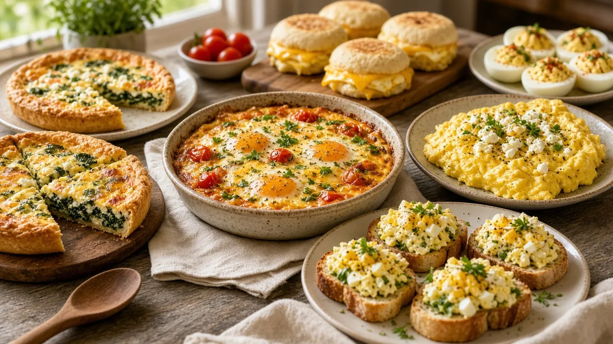 Easy egg recipes with baked eggs, quiche, omelette, egg salad, and muffins