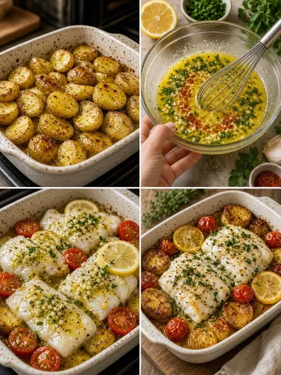 Four-panel portrait showing easy fish recipes for dinner from seasoned potatoes and lemon butter preparation to baked fish with tomatoes.
