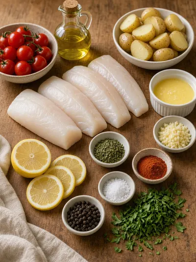 Ingredients for easy fish recipes for dinner arranged on a wooden kitchen table with white fish, potatoes, tomatoes, lemon, garlic, butter, and herbs
