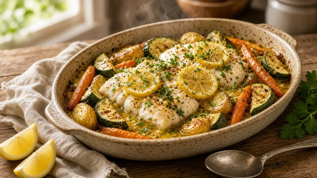 Easy fish recipes for dinner featuring lemon garlic baked fish with roasted vegetables and lemon wedges.