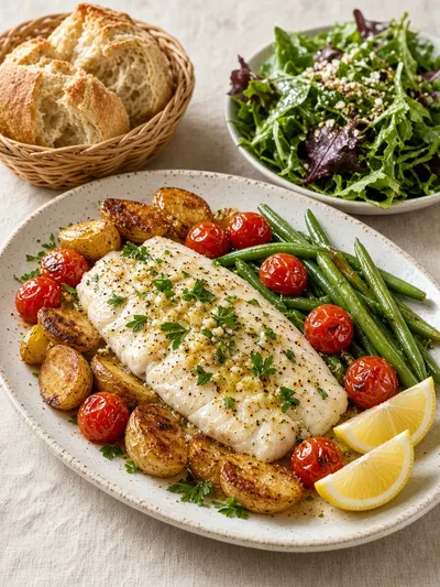 Easy fish recipes for dinner with flaky fillets, roasted potatoes, tomatoes, greens, bread, lemon, and parsley