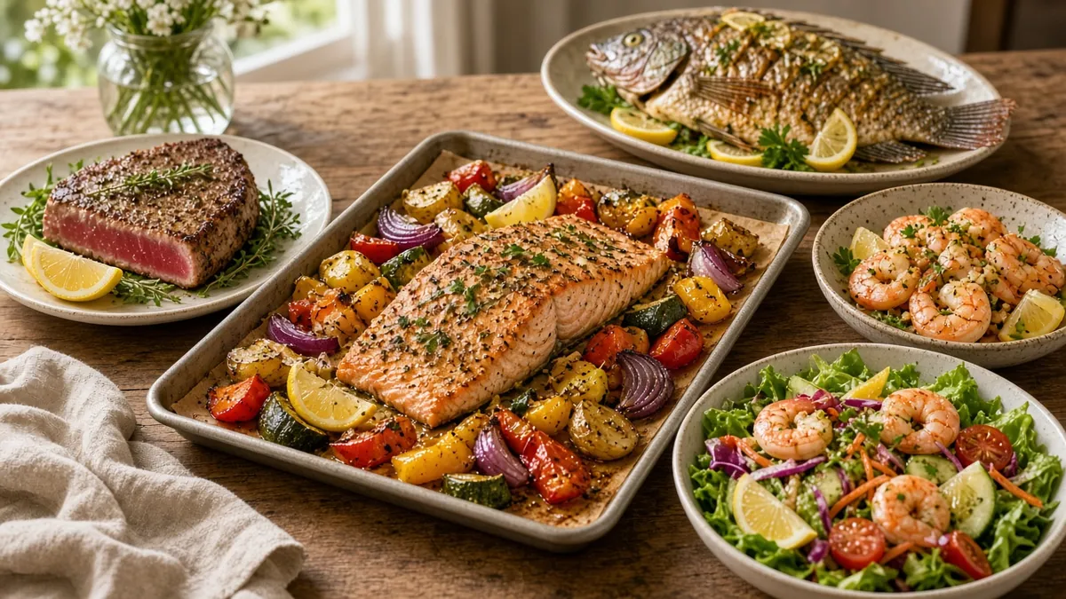Easy fish recipes with salmon, tuna, white fish, shrimp, and seafood dinner plates