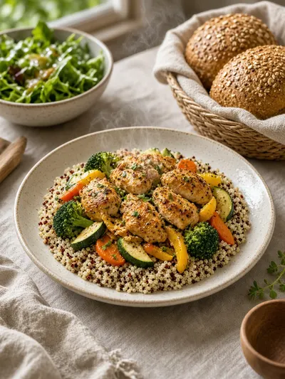 easy low calorie meals featuring citrus chicken, quinoa, garden vegetables, salad, and warm grain rolls