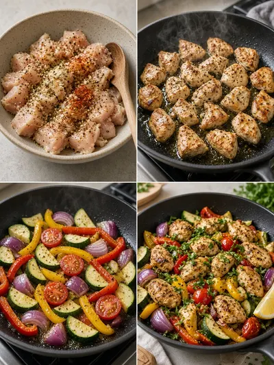 Four-panel cooking collage for easy low calorie meals showing seasoned chicken, skillet cooking, colorful vegetables, and a parsley finish
