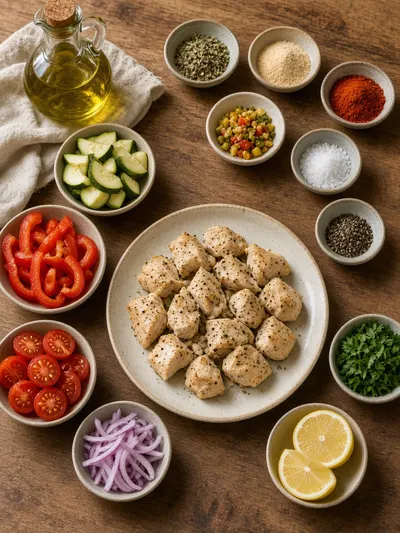 Easy low calorie meals ingredients with chicken, zucchini, peppers, tomatoes, lemon, and herbs