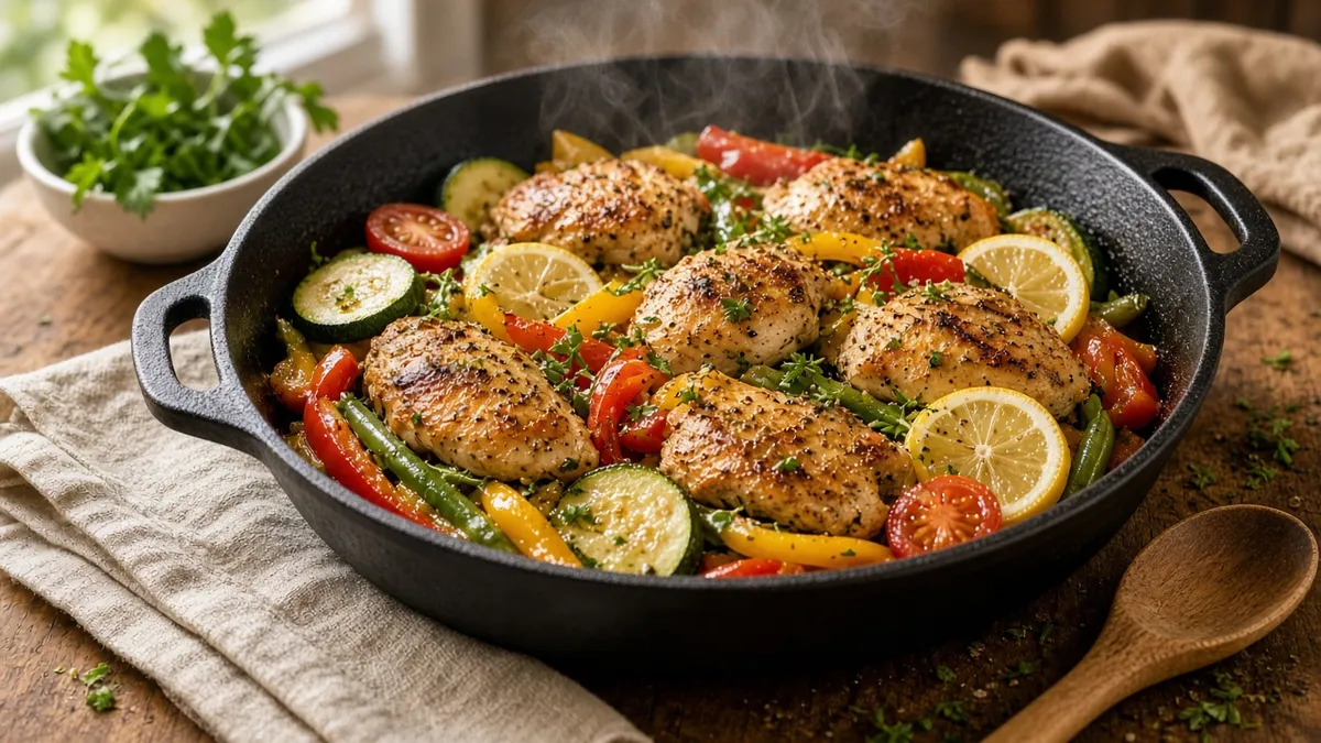 easy low calorie meals lemon herb chicken with colorful vegetables in a skillet