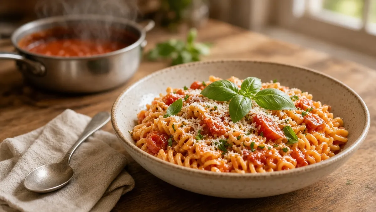 easy pasta recipes for dinner featuring creamy tomato pasta topped with Parmesan and basil in a rustic bowl