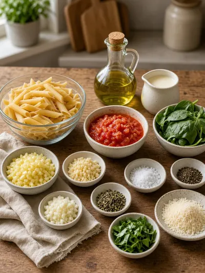 Ingredients arranged on a wooden table for easy pasta recipes for dinner, including penne, tomatoes, cream, spinach, Parmesan, basil, and aromatics
