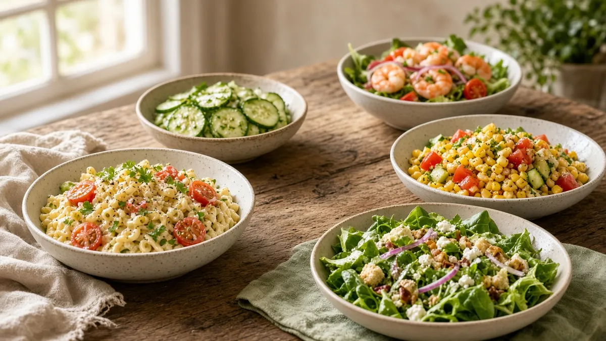 Easy salad recipes with pasta salad, cucumber salad, shrimp salad, and fresh vegetable bowls