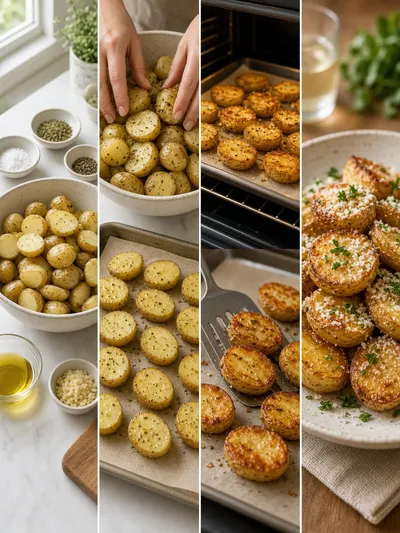 Easy side dish recipes shown through four cooking stages, from seasoned potatoes in a bowl to a parsley-finished serving dish.
